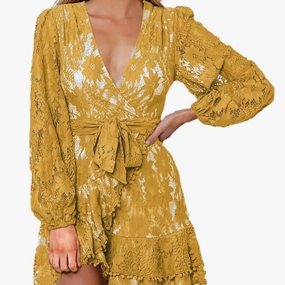 FARYSAYS Lace Wrap Mini Dresses Floral V Neck Ruffle with Belt Pre-Loved - Picture 1 of 9